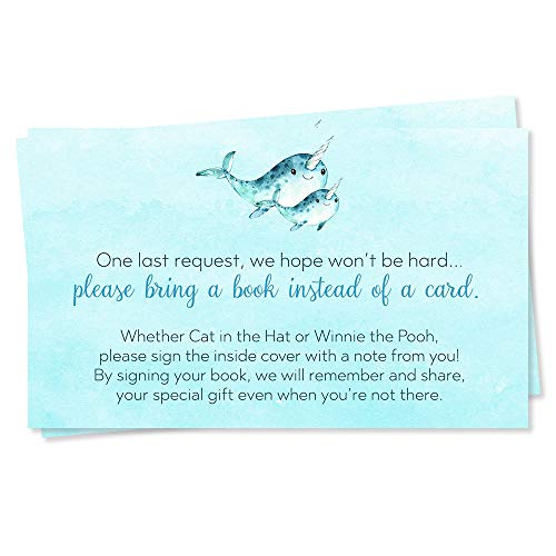 Narwhal Bring A Book Cards Baby Shower Underwater Sprinkle Book Request Inserts Under The Sea Winter Blue Mommy and Me Watercolor Ocean Sea Creatures Animals Fantasy Mystical Water Unicorn (25 count)