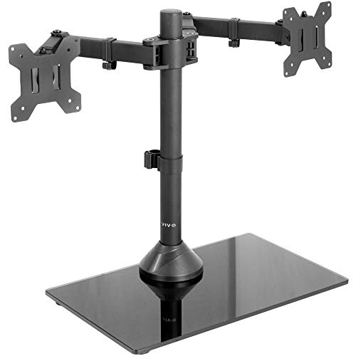 VIVO Freestanding Dual Monitor Stand with Sleek Glass Base and Adjustable Arms, Mounts 2 Screens up to 27 inch and 22 lbs Each, Black, STAND-V002FG