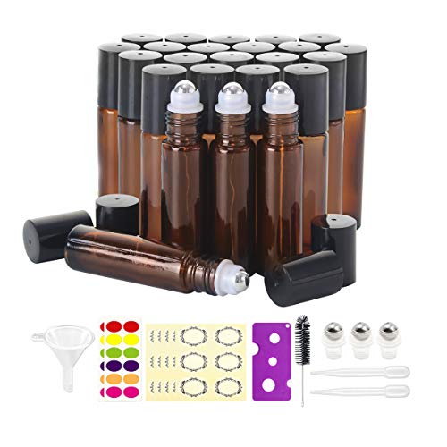 mavogel 24, 10ml Roller Bottles for Essential Oils – Amber, Glass with Stainless Steel Roller Balls (3 Extra Roller Balls, 54 Pieces Labels, Opener, Funnel, Dropper, Brush Included)