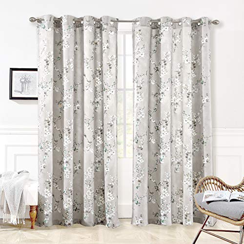 DriftAway Mackenzie Thermal Room Darkening Grommet Unlined Window Curtains Blossom Floral Pattern 2 Panels 50 Inch by 84 Inch Blue Gray
