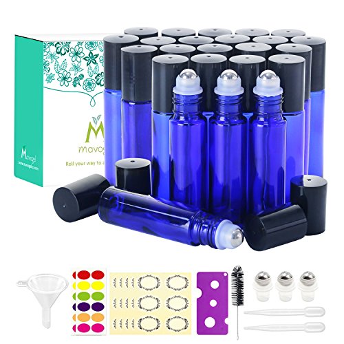 24,10ml Essential Oils Roller Bottles – Cobalt Blue, Glass with Stainless Steel Roller Balls by Mavogel (3 Extra Roller Balls, 54 Pieces Labels, Opener, Funnel, Dropper, Brush Included)