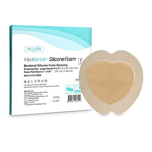 MedVanceTM Silicone – Bordered Silicone Adhesive Foam Dressing Sacral, Size 9″x9″ (6.1″x6.6″ Pad), Box of 5 dressings