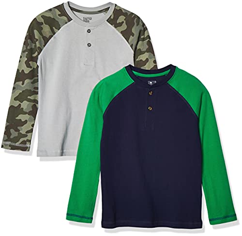 Amazon Essentials Boys’ Long-Sleeve Henley T-Shirts (Previously Spotted Zebra), Pack of 2, Navy/Grey/Green, Camo, Small
