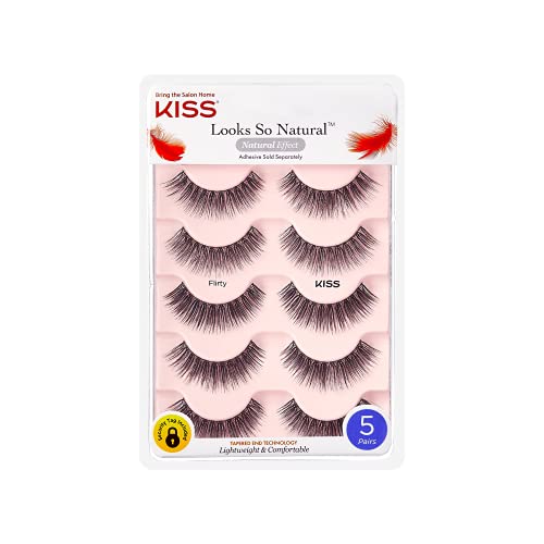 KISS Looks So Natural False Eyelashes Multipack, Lightweight & Comfortable, Tapered End Technology, Reusable, Cruelty-Free, Contact Lens Friendly, Style ‘Flirty’, 5 Pairs Fake Eyelashes