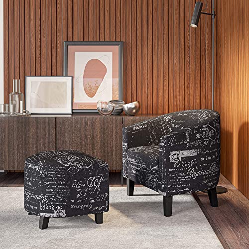 BELLEZE Accent Chair with Ottoman, Curved Back Living Room Chair, Stylish Barrel Club Chair and Footrest Set, Upholstered Round Tub Reading Chair for Bedroom – Lydia (Black French Pattern/Linen)