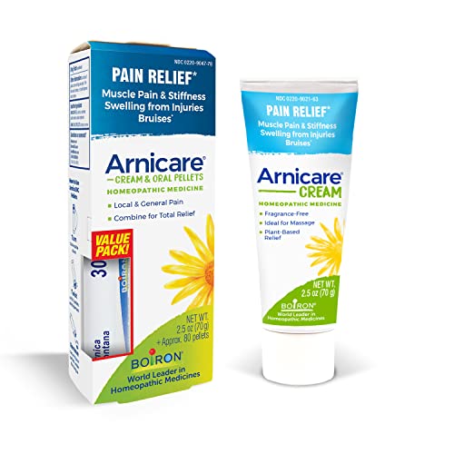 Boiron Arnicare Cream and Arnica 30c Value Pack for Pain Relief, Muscle Soreness, and Swelling from Buising or Injury – 2.5 oz + 80 Pellet Tube