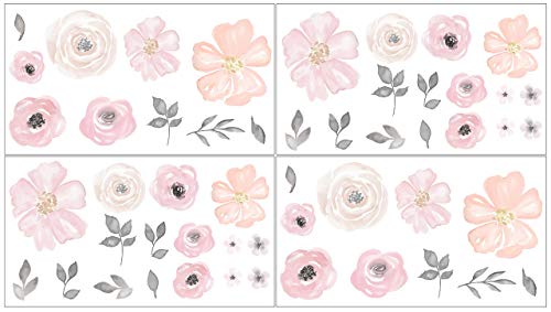 Blush Pink, Grey and White Wall Decal Stickers for Watercolor Floral Collection by Sweet Jojo Designs – Set of 4 Sheets