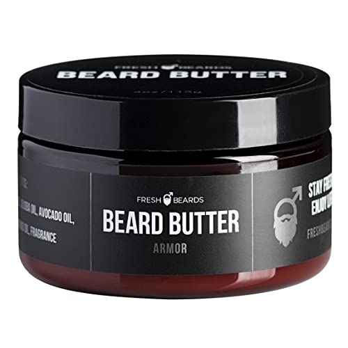 Fresh Beards Armor Beard Butter – Sandalwood, Bourbon, and Amber Fragrance – Scented Mens Beard and Mustache Conditioner – Soothing Anti-Itch Moisturizer and Softener for Healthy Beard Growth