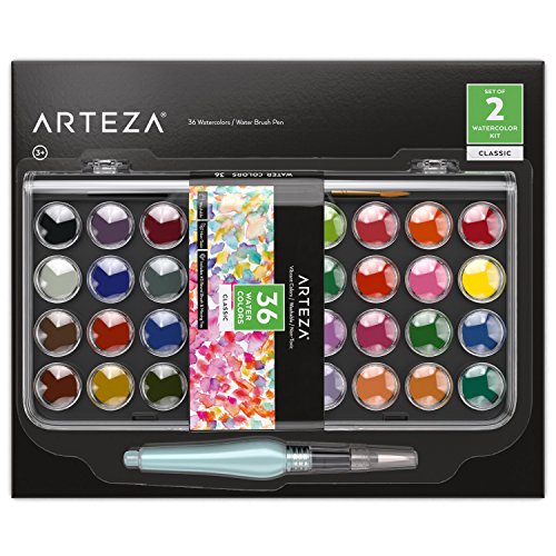 ARTEZA Classic Watercolor Paint, Set of 36 Vibrant Color Cakes, Includes 1 Water Brush Pen, Art Supplies Travel Watercolor Kit for Adults, Artists, and Students