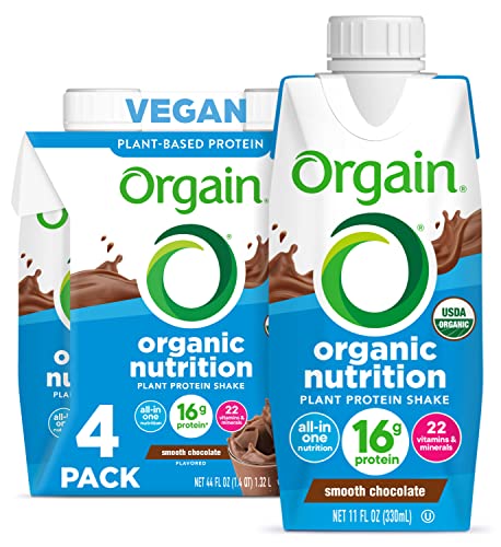 Orgain Organic Vegan Plant Based Nutritional Shake, Smooth Chocolate – Meal Replacement, 16g Protein, 22 Vitamins & Minerals, Dairy Free, Gluten Free, Packaging May Vary, 11 Fl Oz (Pack of 4)