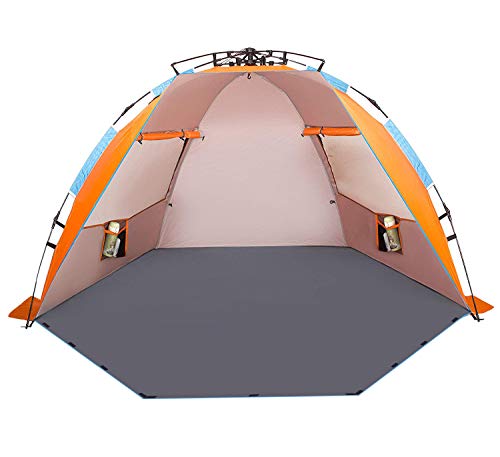 Oileus X-Large 4 Person Beach Tent Sun Shelter – Portable Sun Shade Instant Tent for Beach with Carrying Bag, Stakes, 6 Sand Pockets, Anti UV for Fishing Hiking Camping, Waterproof Windproof, Orange