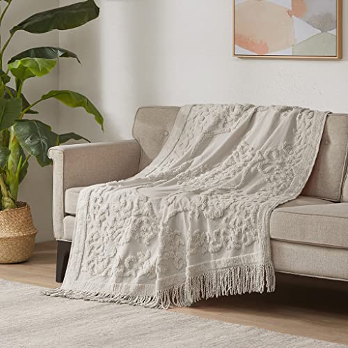 Madison Park 100% Cotton Tufted Chenille Design With Fringe Tassel Luxury Elegant Chic Lightweight, Breathable Cover, Luxe Cottage Room Décor Summer Blanket, 50″ x 60″, Grey
