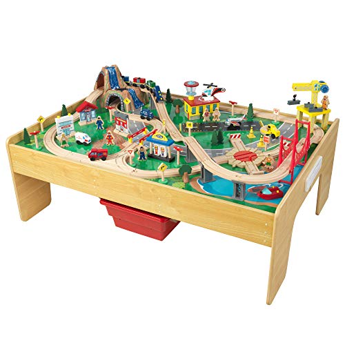 KidKraft Adventure Town Railway Wooden Train Set & Table with EZ Kraft Assembly with 120 Accessories and Storage Bins, Gift for Ages 3+ 43.5″ x 31″ x 21.1″