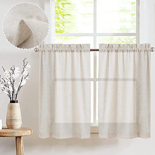 jinchan Beige Kitchen Curtains Linen Tier Curtains 24 Inch Farmhouse Cafe Curtains Light Filtering Small Window Curtains Flax Country Rustic Rod Pocket Bathroom Laundry Room RV 2 Panels Crude