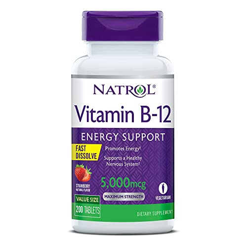 Natrol Vitamin B-12 5,000 mcg Fast Dissolve Tablets, 200 Servings, Promotes Energy, Supports a Healthy Nervous System, Easy to take, Dissolves in Mouth, Strawberry Flavored Dietary Supplement