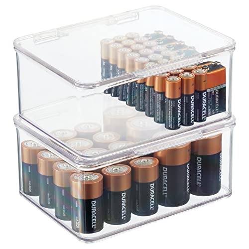 mDesign Plastic Small Stackable Divided Battery Storage Organizer Box with Hinged Lid for AA, AAA, C, D, 9 Volt Sizes, Great Storage for Kitchens, Home Offices, and Utility Rooms – 2 Pack – Clear