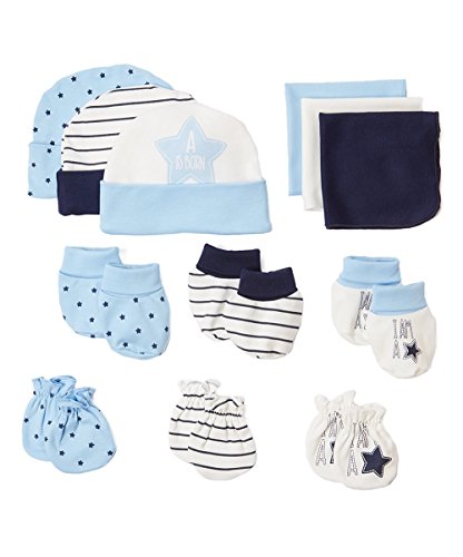BornCare 12 Piece Baby Gift Set, Blue, Baby Boy Girl Shower Gift Set (3 pairs each beanies, washcloths, booties, mittens), 0 – 6 Months