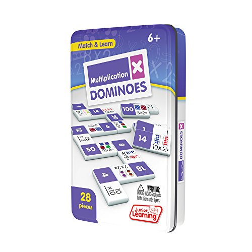 Junior Learning: Multiplication Dominoes, Match & Learn, 28 Pieces, Collectors Tin for Easy Storage, Use for At Home Learning or in the Classroom