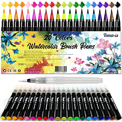 Tomaxis Watercolor Brush Pens Art Markers, Art Supplies 20Pcs Brush Marker Pens Colored Pens Script Paintbrush for Calligraphy with 1 Water Colouring Paintbrush Felt Tip Pen