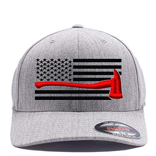 Thin Red Line Axe USA Flag. Embroidered 6477 Flexfit Wool Blend Cap (S/M, Heather)