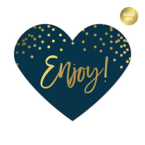 Andaz Press Navy Blue with Gold Metallic Ink Wedding Party Collection, Heart Label Stickers, Enjoy!, 75-Pack