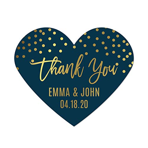 Andaz Press Navy Blue with Gold Metallic Ink Wedding Party Collection, Personalized Heart Label Stickers, Thank You Anna & Steve January 4, 2023, 75-Pack, Custom Names and Date