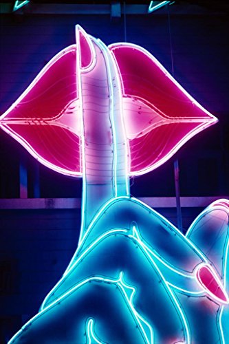 Ssshhhh Be Quiet Finger on Lips Neon Light Sign Photo Photograph Home Office Trippy Room Decor Bar UV Reactive Blacklight Black Light Cool Wall Decor Art Print Poster 24×36