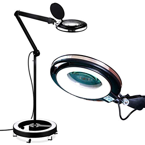 Brightech Lightview Pro Magnifying Glass with Stand & Light, Magnifying Floor Lamp with 6-Wheel Rolling Base for Facials & Lashes – Dimmable LED Work Light for Crafts, Sewing, and Projects – 3 Diopter