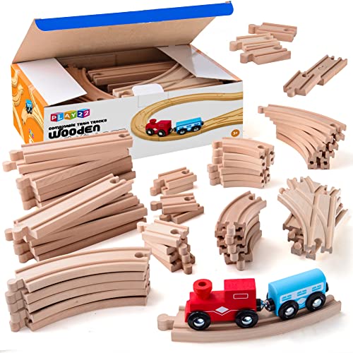 Play22 Wooden Train Tracks – 52 PCS Wooden Train Set + 2 Bonus Toy Trains – Train Sets for Kids – Car Train Toys is Compatible with Thomas Wooden Railway Systems and All Major Brands – Original
