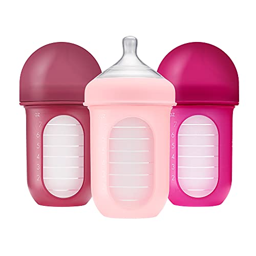 Boon Nursh Stage 2 Medium Flow Reusable Silicone Baby Bottles with Collapsible Silicone Pouch Design – Everyday Baby Essentials – Pink – 8 Ounce – 3 Count
