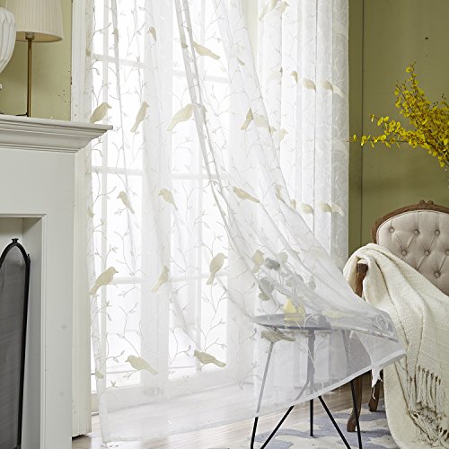 VOGOL Rod Pocket Sheer Curtains Elegant Embroidered Bird Design White Window Drapes/Panels for Living Room, 54 x 84,Two Panels