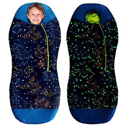 AceCamp Glow in The Dark Mummy Sleeping Bag for Kids and Youth, Temperature Rating 30°F/-1°C, Water-Resistant for Camping, Hiking, and Slumber Party (Blue, Kid’s)