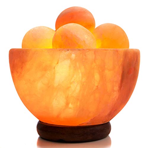 UMAID Natural Himalayan Salt Lamp Bowl with 6 Heated Salt Massage Balls, Stylish Wood Base, Bulb with Dimmable Switch UL-Listed Cord