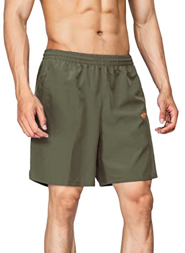 EXEKE Men’s Quick Dry Running Shorts Lightweight Gym Workout Shorts with Zipper Pockets 252-2XL/Army Green 32-34
