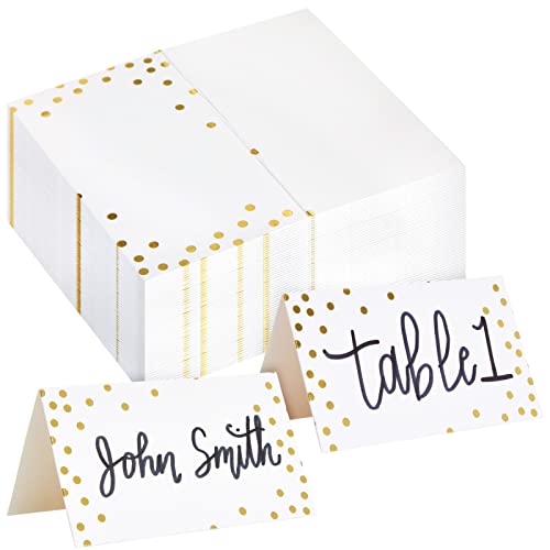 100 Pack Place Cards for Table Setting, Blank Table Name Cards for Wedding, Gold Foil Polka Dot Place Cards for Banquet, Events, Reserved Seating (2 x 3.5 In Folded)