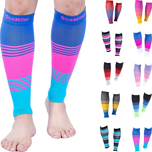 Doc Miller Calf Compression Sleeve Men and Women 20-30 mmHg, Shin Splint Compression Sleeve, Medical Grade Socks for Travel Recovery, Varicose Veins and Maternity 1 Pair Large Blue Pink Blue Calf Sleeve