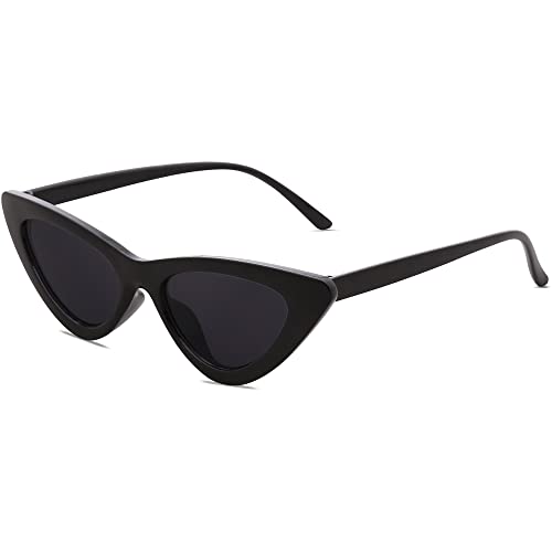 SOJOS Retro Vintage Narrow Cat Eye Sunglasses for Women Clout Goggles Plastic Frame Cardi SJ2044 with Black Frame/Grey Lens
