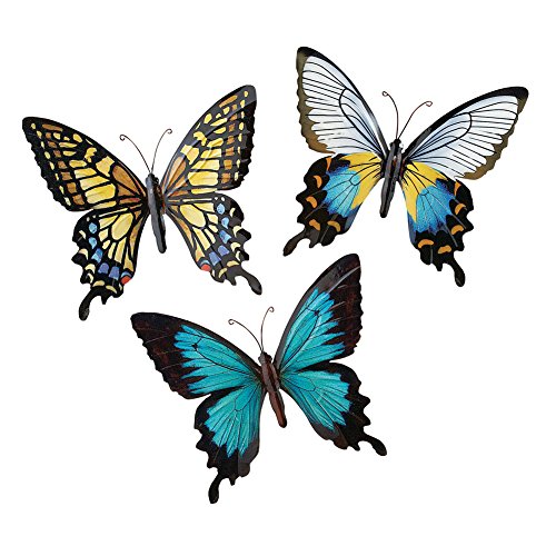 Collections Etc Metal Butterfly Wall Art Decoration, Set of 3 Fauna, Insect, Garden Theme Décor