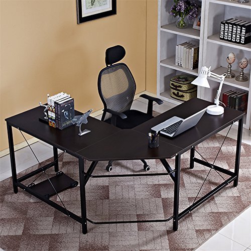 DlandHome L-Shaped Computer Desk 59 inches x 59 inches, Composite Wood and Metal, Home Office PC Laptop Study Workstation Corner Table with CPU Stand, Brown Black and Black Legs, ZJ02-BB