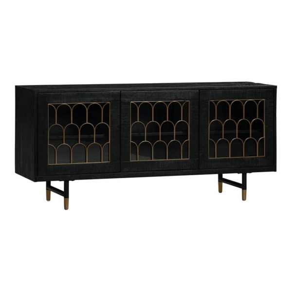 TOV Furniture The The Gatsby Collection Art Deco Brass Dark Acacia Wood Buffet Table with Tempered Glass Doors,