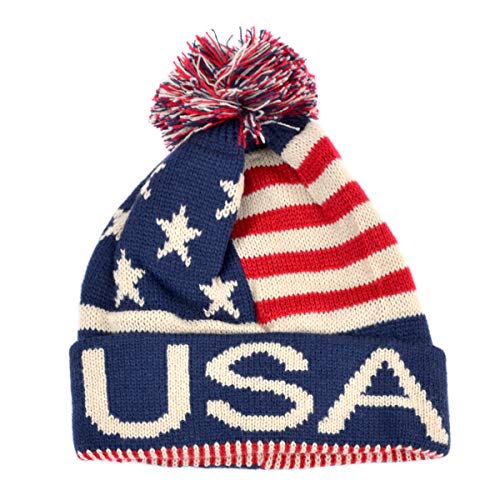 Selini Winter Hat – Knit, Cuffed Beanie with Pom Pom, USA Flag Design, Warm Fun for Cold Days, Small-Medium