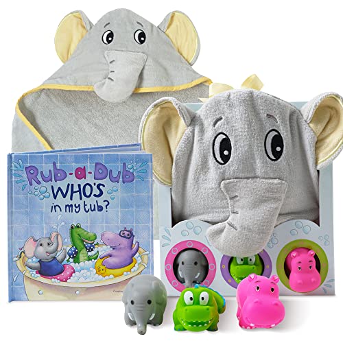 Tickle & Main Rub-a-Dub Gift Set, 5-Piece Bath Set Includes Elephant Hooded Towel, 3 Jungle Safari Squirt Toys, and Book for Boys and Girls!