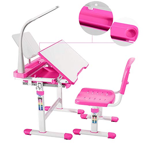 mecor Kids Desks, Height Adjustable Children Desk and Chair Set,Childs School Student Sturdy Table w/Lamp, Pull Out Drawer Storage,Pencil Case,Bookstand Pink