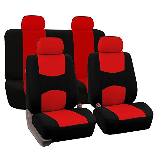 FH Group Bright Flat Cloth Full Set Automotive Seat Covers Front Set and Rear Solid Bench Red Black Seat Covers w. Gift Universal Fit Interior Accessories for Cars Trucks and SUVs