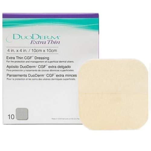 DuoDERM Extra Thin CGF Hydrocolloid 4″x4″ Sterile Self-Adhesive Dressing for Management of Lightly Exuding Wounds, Flexible, Latex-Free, Beige, 187955, Box of 10