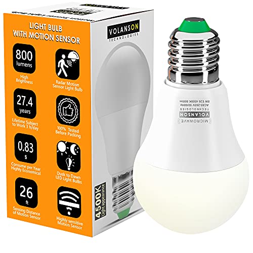 VOLANSON TECHNOLOGIES Motion Sensor Light Bulb Radar – 800lm Daylight Outdoor Indoor – Dusk to Dawn Motion Activated LED Bulbs – for Porch Garage Basement Stairwell – E26 A19 4500K Security