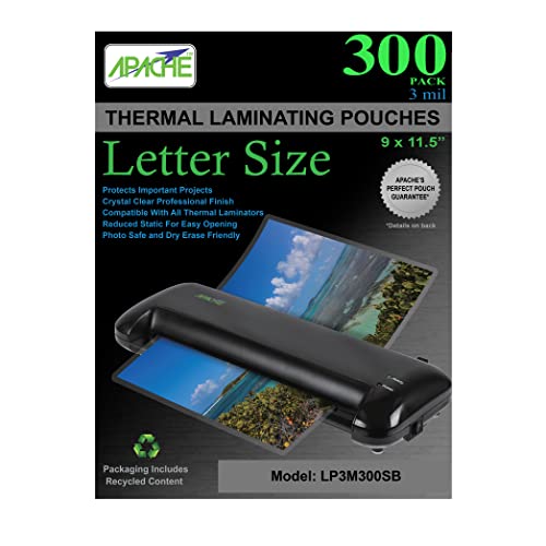 Apache Laminating Pouches 3 mil, for 8.5 x 11 inch Letter Size Paper 9 x 11.5 inch Sheets, 300 Pack