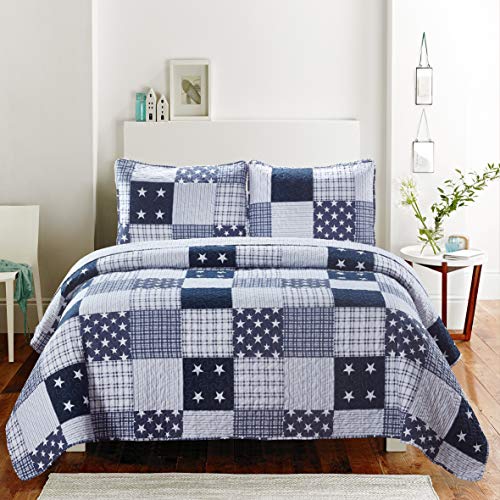 SLPR Americana Pride 3-Piece Queen Comforter Set (Summer Quilt Queen Size and 2 Shams): Lightweight Patriotic Bedding, White and Blue Quilt Bedding with Stars – Comforter Sets for Queen Bed