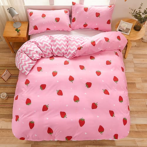LAMEJOR Duvet Cover Set Queen Size Pink Kawaii Strawberry Pattern Sweet Reversible Bedding Set Comforter Cover (1 Duvet Cover+2 Pillowcases)