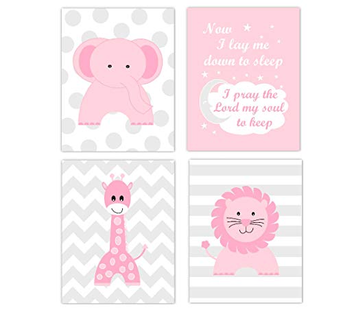Baby Girl Nursery Wall Art Pink Elephant Giraffe Lion Safari Animals Decor 4 UNFRAMED PRINTS